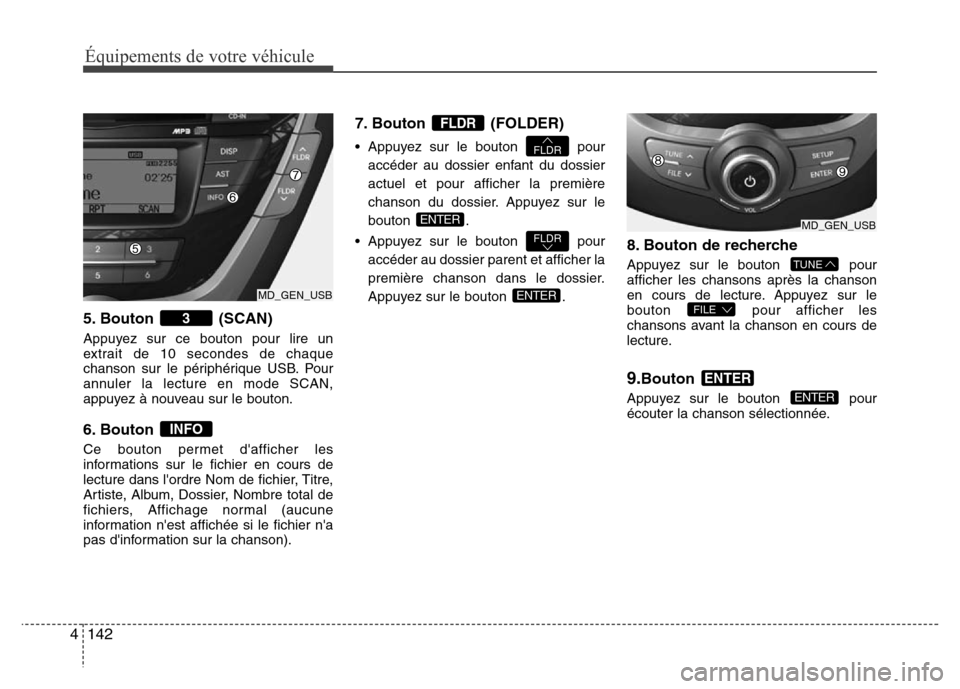 Hyundai Elantra 2013 Manuel du propriétaire (in French) Équipements de votre véhicule
142 4
5. Bouton (SCAN)
Appuyez sur ce bouton pour lire un
extrait de 10 secondes de chaque
chanson sur le périphérique USB. Pour
annuler la lecture en mode SCAN,
appu Hyundai Elantra 2013 Manuel du propriétaire (in French) Équipements de votre véhicule
142 4
5. Bouton (SCAN)
Appuyez sur ce bouton pour lire un
extrait de 10 secondes de chaque
chanson sur le périphérique USB. Pour
annuler la lecture en mode SCAN,
appu