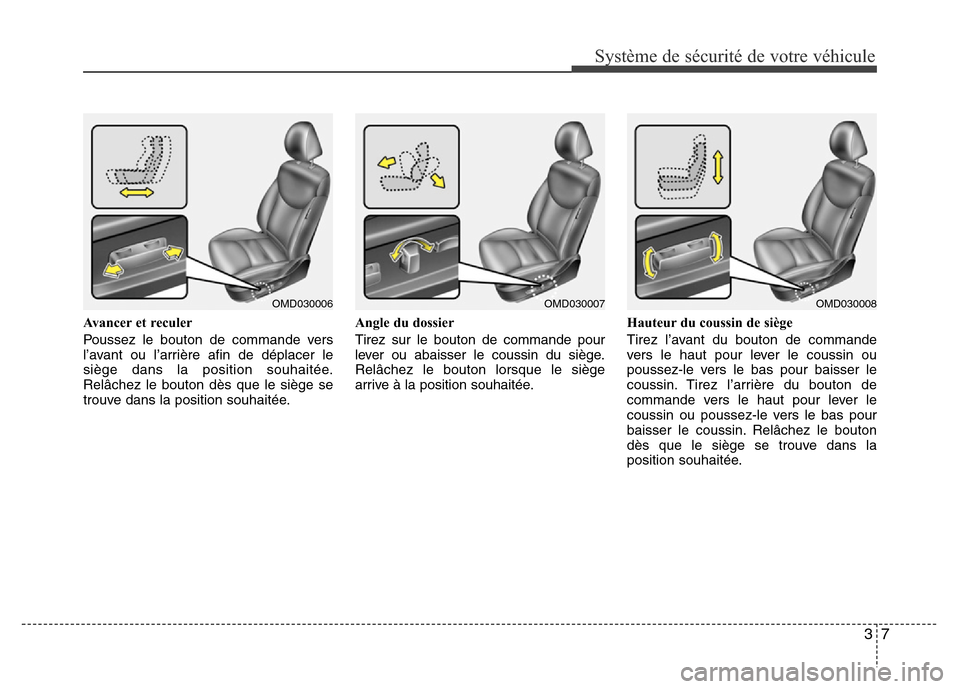 Hyundai Elantra 2013  Manuel du propriétaire (in French) 37
Système de sécurité de votre véhicule 
Avancer et reculer
Poussez le bouton de commande vers
l’avant ou l’arrière afin de déplacer le
siège dans la position souhaitée.
Relâchez le bout