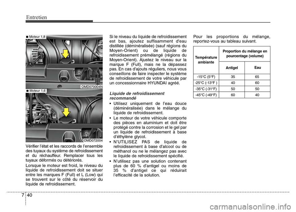 Hyundai Elantra 2013 Manuel du propriétaire (in French) Entretien
40 7
Vérifier l’état et les raccords de l’ensemble
des tuyaux du système de refroidissement
et du réchauffeur. Remplacer tous les
tuyaux déformés ou détériorés.
Lorsque le moteu Hyundai Elantra 2013 Manuel du propriétaire (in French) Entretien
40 7
Vérifier l’état et les raccords de l’ensemble
des tuyaux du système de refroidissement
et du réchauffeur. Remplacer tous les
tuyaux déformés ou détériorés.
Lorsque le moteu