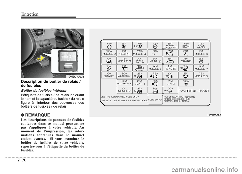 Hyundai Elantra 2013 Manuel du propriétaire (in French) Entretien
70 7
Description du boîtier de relais /
de fusibles
Boîtier de fusibles intérieur
L’étiquette de fusible / de relais indiquant
le nom et la capacité du fusible / du relais
figure à l Hyundai Elantra 2013 Manuel du propriétaire (in French) Entretien
70 7
Description du boîtier de relais /
de fusibles
Boîtier de fusibles intérieur
L’étiquette de fusible / de relais indiquant
le nom et la capacité du fusible / du relais
figure à l