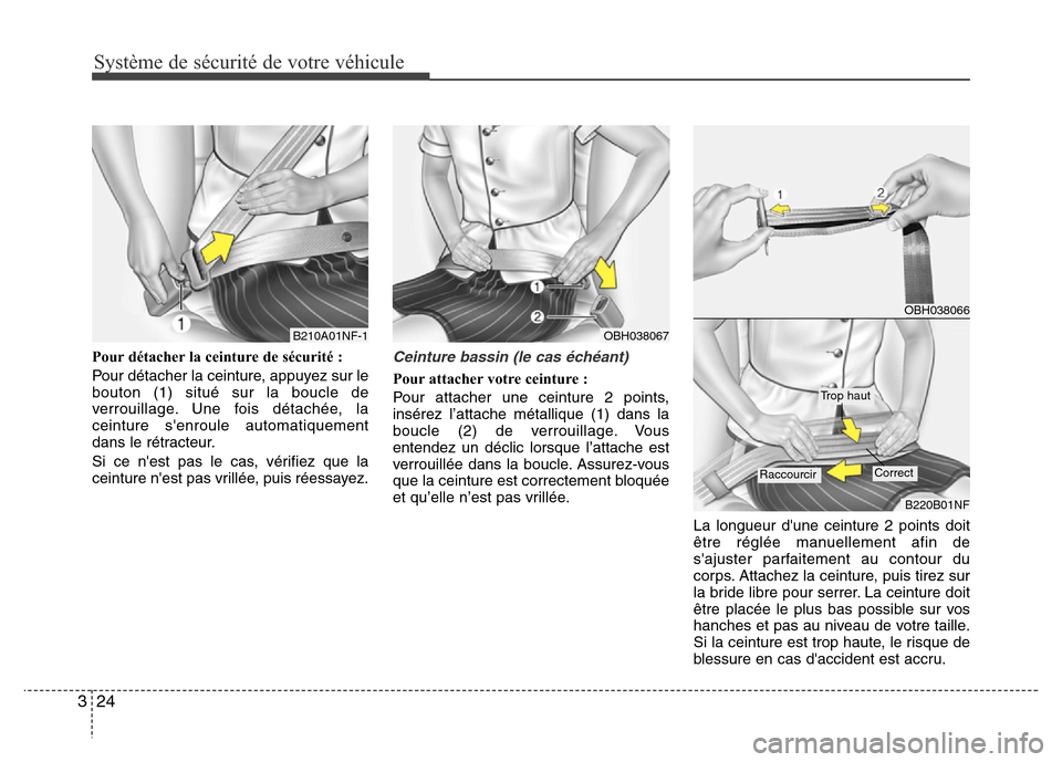 Hyundai Elantra 2013  Manuel du propriétaire (in French) Système de sécurité de votre véhicule 
24 3
Pour détacher la ceinture de sécurité :
Pour détacher la ceinture, appuyez sur le
bouton (1) situé sur la boucle de
verrouillage. Une fois détach