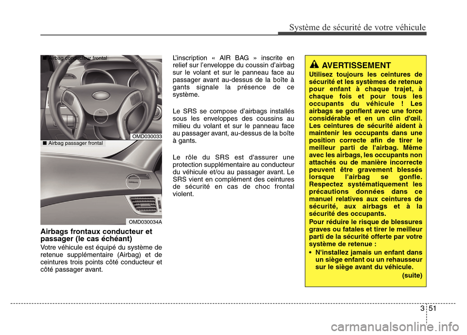 Hyundai Elantra 2013  Manuel du propriétaire (in French) 351
Système de sécurité de votre véhicule 
Airbags frontaux conducteur et
passager (le cas échéant)
Votre véhicule est équipé du système de
retenue supplémentaire (Airbag) et de
ceintures t