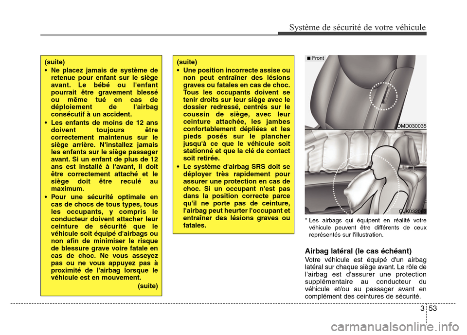 Hyundai Elantra 2013  Manuel du propriétaire (in French) 353
Système de sécurité de votre véhicule 
* Les airbags qui équipent en réalité votre
véhicule peuvent être différents de ceux
représentés sur lillustration.
Airbag latéral (le cas éch