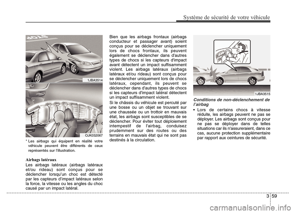 Hyundai Elantra 2013  Manuel du propriétaire (in French) 359
Système de sécurité de votre véhicule 
* Les airbags qui équipent en réalité votre
véhicule peuvent être différents de ceux
représentés sur lillustration.
Airbags latéraux
Les airbag