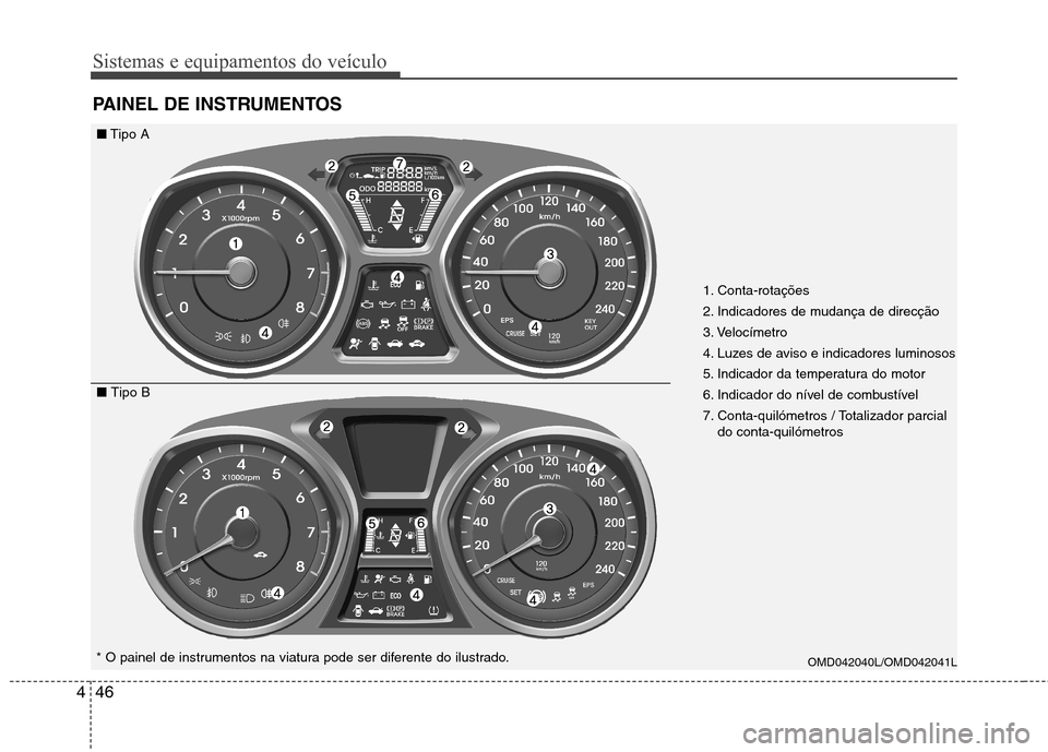 Hyundai Elantra 2013  Manual do proprietário (in Portuguese) Sistemas e equipamentos do veículo
46
4
PAINEL DE INSTRUMENTOS
OMD042040L/OMD042041L* O painel de instrumentos na viatura pode ser diferente do ilustrado.
■ Tipo A
■  Tipo B 1. Conta-rotações 
