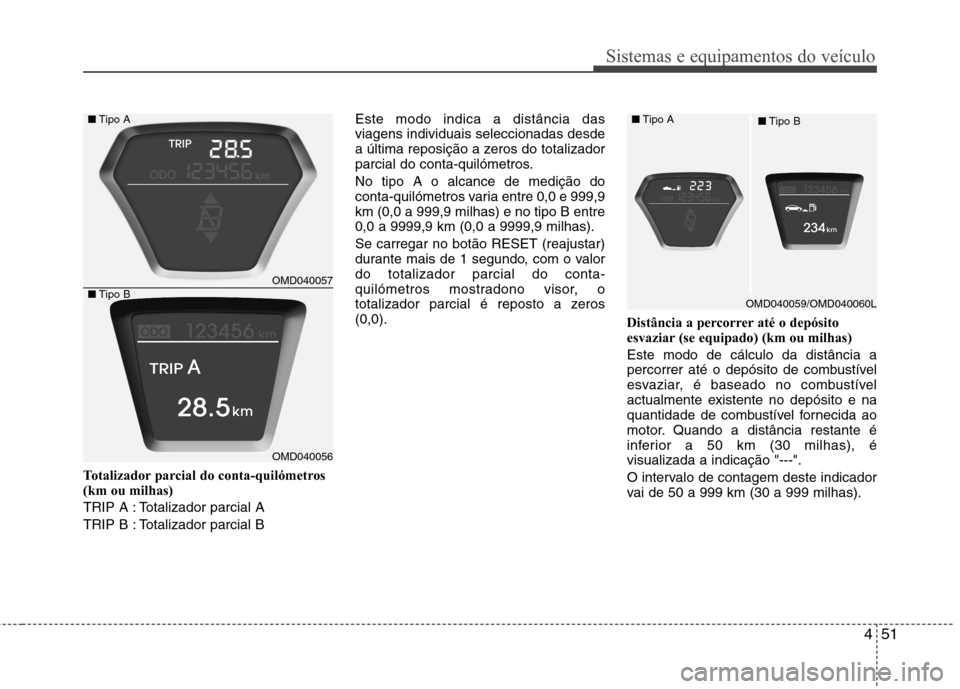 Hyundai Elantra 2013  Manual do proprietário (in Portuguese) 451
Sistemas e equipamentos do veículo
Totalizador parcial do conta-quilómetros (km ou milhas) 
TRIP A : Totalizador parcial A
TRIP B : Totalizador parcial BEste modo indica a distância das viagens