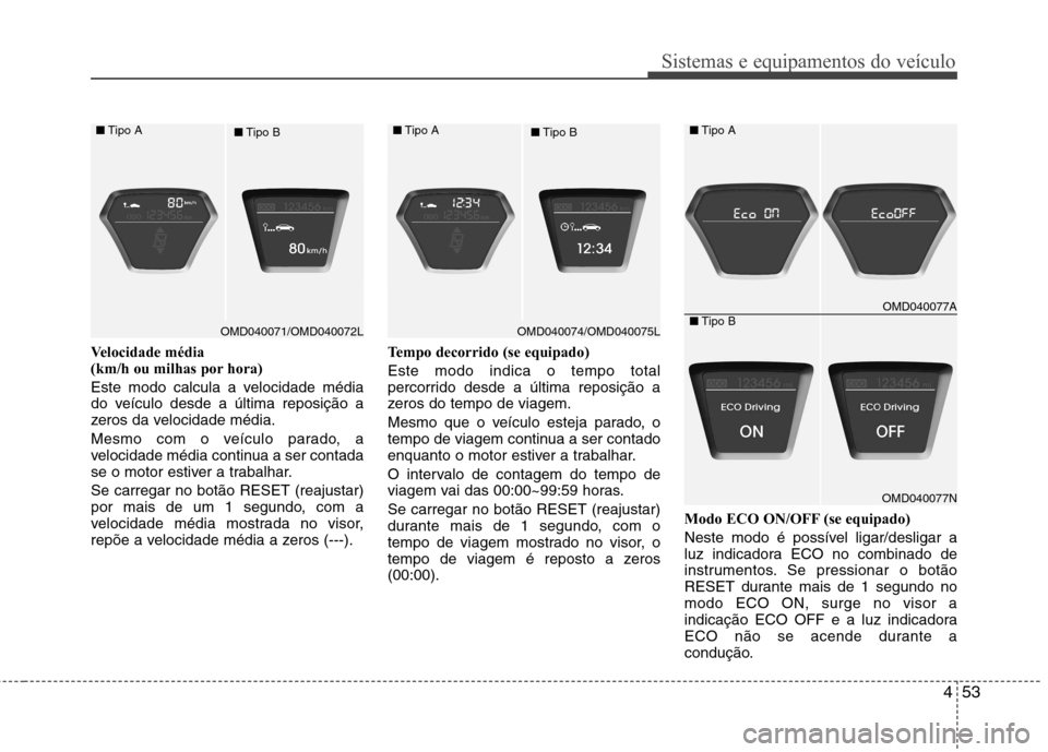 Hyundai Elantra 2013  Manual do proprietário (in Portuguese) 453
Sistemas e equipamentos do veículo
Velocidade média  
(km/h ou milhas por hora)  
Este modo calcula a velocidade média 
do veículo desde a última reposição a
zeros da velocidade média. 
Me
