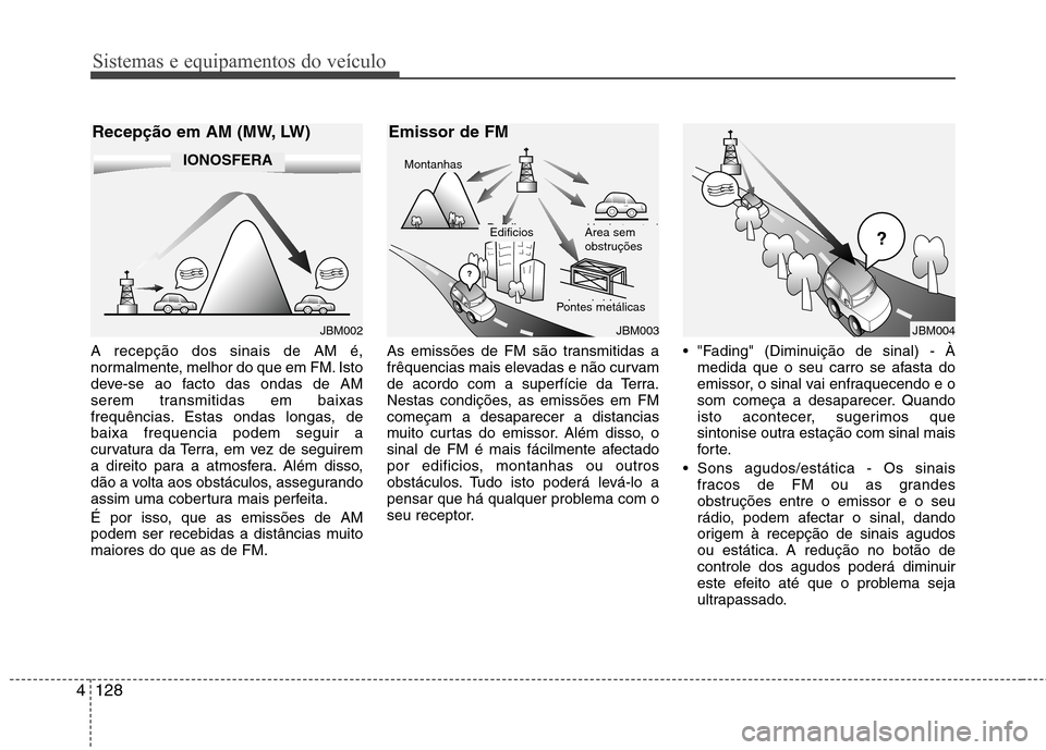 Hyundai Elantra 2013  Manual do proprietário (in Portuguese) Sistemas e equipamentos do veículo
128
4
A recepção dos sinais de AM é, 
normalmente, melhor do que em FM. Isto
deve-se ao facto das ondas de AM
serem transmitidas em baixas
frequências. Estas on