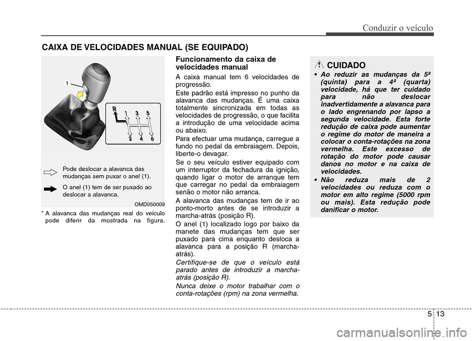Hyundai Elantra 2013  Manual do proprietário (in Portuguese) 513
Conduzir o veículo
* A alavanca das mudanças real do veículopode diferir da mostrada na figura. Funcionamento da caixa de 
velocidades manual 
A caixa manual tem 6 velocidades de 
progressão. 