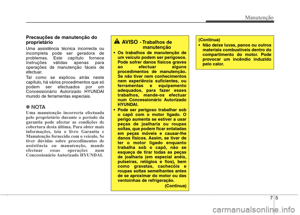 Hyundai Elantra 2013  Manual do proprietário (in Portuguese) 75
Manutenção
Precauções de manutenção do 
proprietário  Uma assistência técnica incorrecta ou 
incompleta pode ser geradora de
problemas. Este capítulo fornece
instruções válidas apenas 