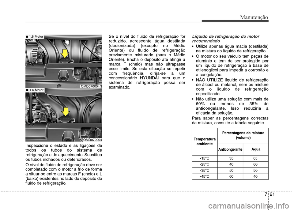 Hyundai Elantra 2013  Manual do proprietário (in Portuguese) 721
Manutenção
Inspeccione o estado e as ligações de todos os tubos do sistema de
refrigeração e do aquecimento. Substitua
os tubos inchados ou deteriorados. 
O nível do fluido de refrigeraçã