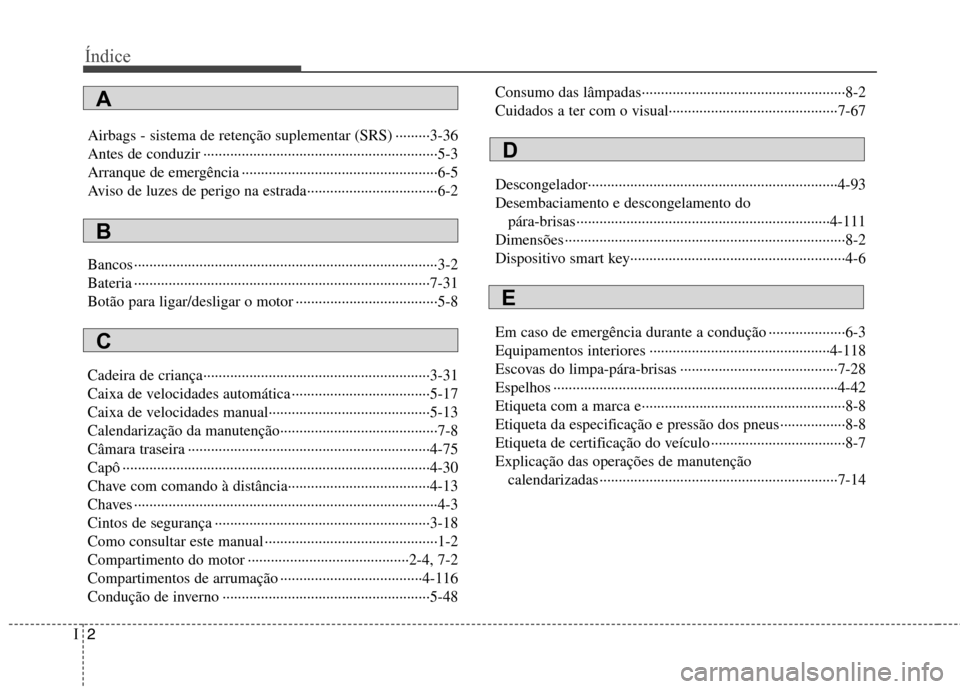 Hyundai Elantra 2013 Manual do proprietário (in Portuguese) Índice
2
I
Airbags - sistema de retenção suplementar (SRS) ·········3-36
Antes de conduzir ················································ Hyundai Elantra 2013 Manual do proprietário (in Portuguese) Índice
2
I
Airbags - sistema de retenção suplementar (SRS) ·········3-36
Antes de conduzir ················································