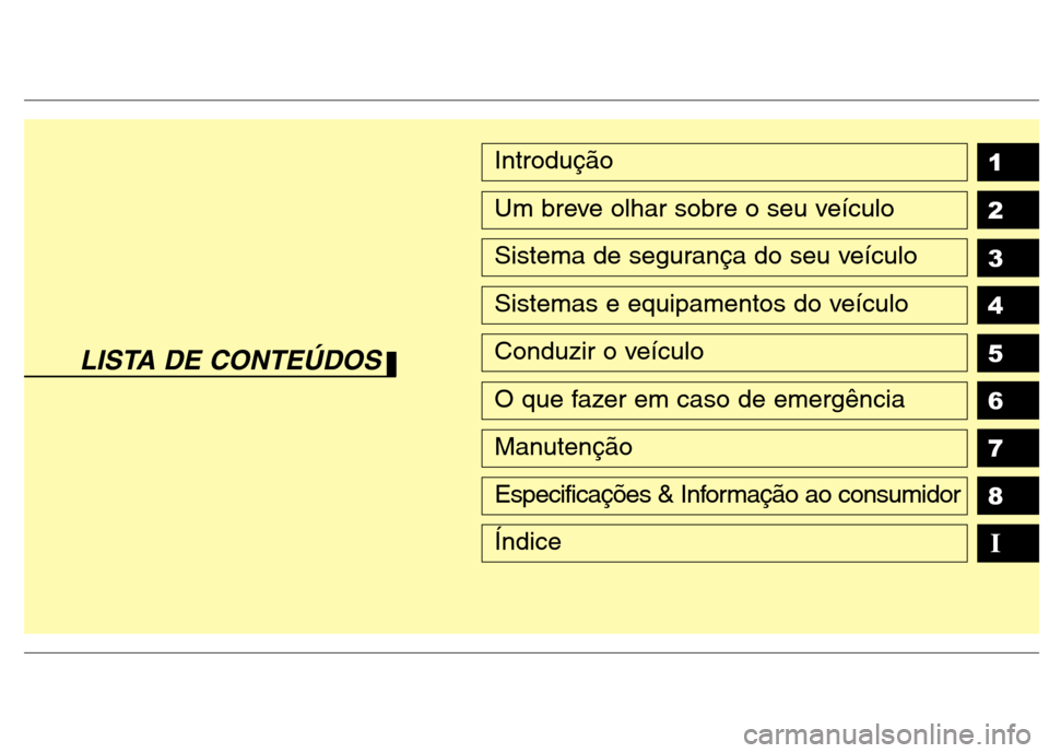 Hyundai Elantra 2013  Manual do proprietário (in Portuguese) 1 2 3 4 5 6 78IIntrodução
Um breve olhar sobre o seu veículo
Sistema de segurança do seu veículo
Sistemas e equipamentos do veículo
Conduzir o veículo
O que fazer em caso de emergência
Manuten