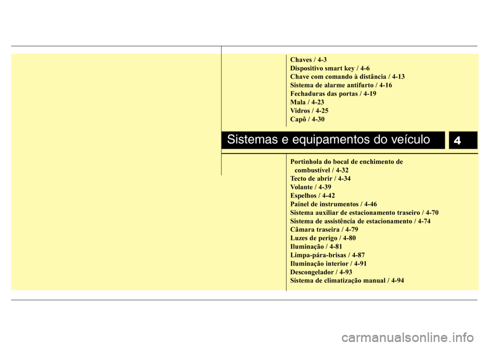 Hyundai Elantra 2013  Manual do proprietário (in Portuguese) 4
Chaves / 4-3 Dispositivo smart key / 4-6Chave com comando à distância / 4-13Sistema de alarme antifurto / 4-16Fechaduras das portas / 4-19Mala / 4-23
Vidros / 4-25Capô / 4-30 Portinhola do bocal 
