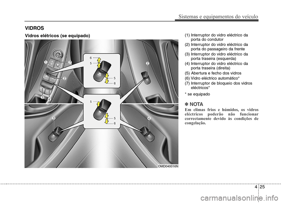 Hyundai Elantra 2013  Manual do proprietário (in Portuguese) 425
Sistemas e equipamentos do veículo
(1) Interruptor do vidro eléctrico daporta do condutor
(2) Interruptor do vidro eléctrico da porta do passageiro da frente
(3) Interruptor do vidro eléctrico