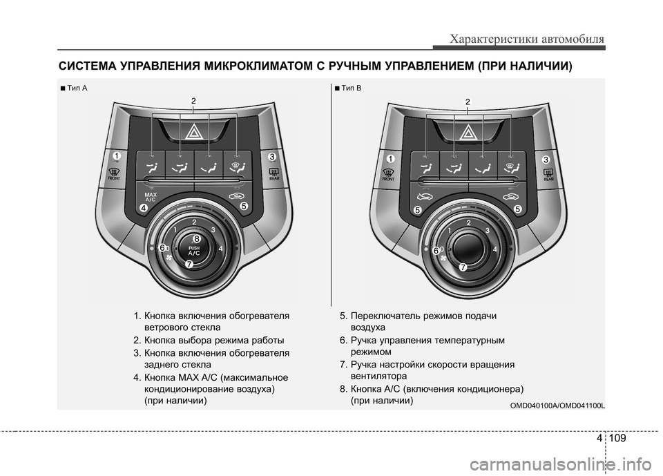 Hyundai Elantra 2013 Инструкция по эксплуатации (in Russian) 4 109
Характеристики автомобиля
СИСТЕМА УПРАВЛЕНИЯ МИКРОКЛИМАТОМ С РУЧНЫМ УПРАВЛЕНИЕМ (ПРИ НАЛИЧИИ)
1. Кнопка в Hyundai Elantra 2013 Инструкция по эксплуатации (in Russian) 4 109
Характеристики автомобиля
СИСТЕМА УПРАВЛЕНИЯ МИКРОКЛИМАТОМ С РУЧНЫМ УПРАВЛЕНИЕМ (ПРИ НАЛИЧИИ)
1. Кнопка в