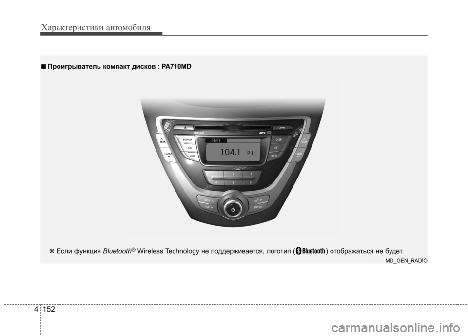 Hyundai Elantra 2013 Инструкция по эксплуатации (in Russian) Характеристики автомобиля
152
4
■■
Проигрыватель компакт дисков : P A710MD
MD_GEN_RADIO
❋
Если функция Bluetooth®
Wireless Tech Hyundai Elantra 2013 Инструкция по эксплуатации (in Russian) Характеристики автомобиля
152
4
■■
Проигрыватель компакт дисков : P A710MD
MD_GEN_RADIO
❋
Если функция Bluetooth®
Wireless Tech