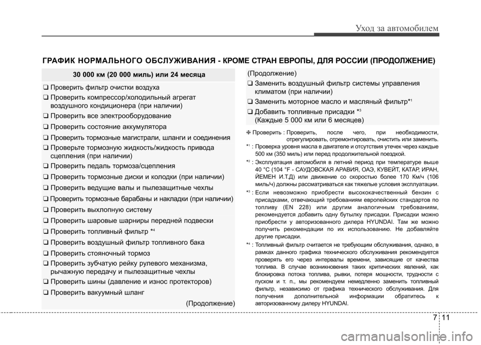 Hyundai Elantra 2013  Инструкция по эксплуатации (in Russian) 711
Уход за автомобилем
30 000 км (20 000 миль) или 24 месяца
❑ Проверить фильтр очистки воздуха
❑ Проверить компресс