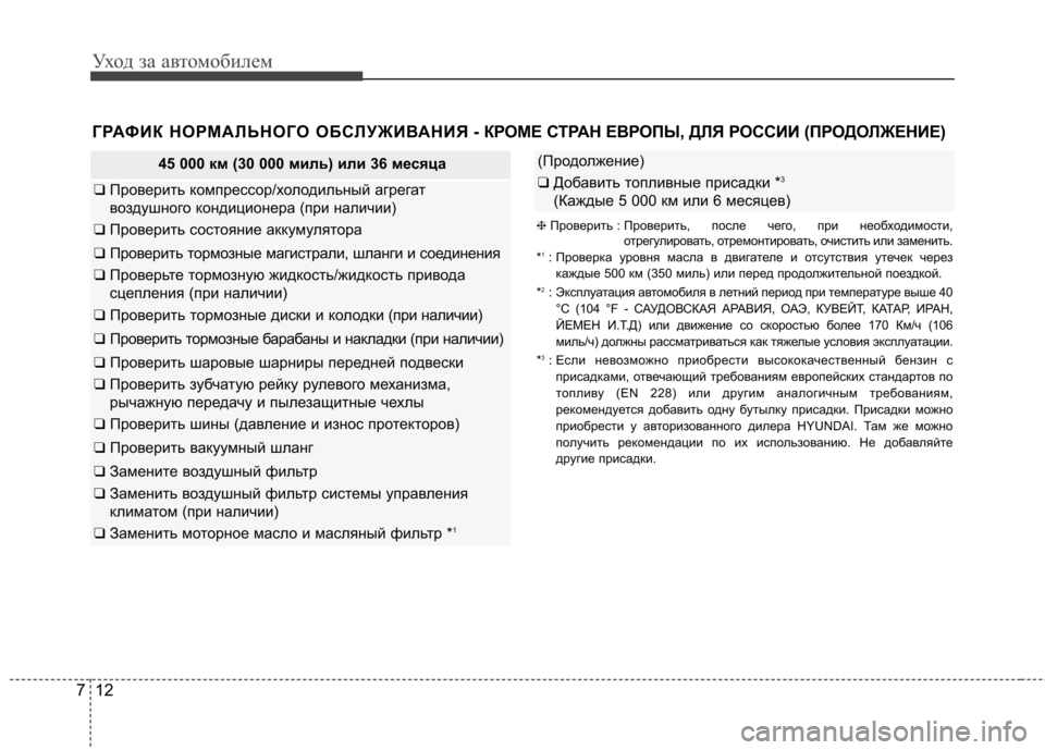 Hyundai Elantra 2013  Инструкция по эксплуатации (in Russian) Уход за автомобилем
12
7
ГРАФИК НОРМАЛЬНОГО ОБСЛУЖИВАНИЯ - КР ОМЕ СТРАН ЕВРОПЫ, ДЛЯ РОССИИ (ПРОДОЛЖЕНИЕ)
45 000 км (