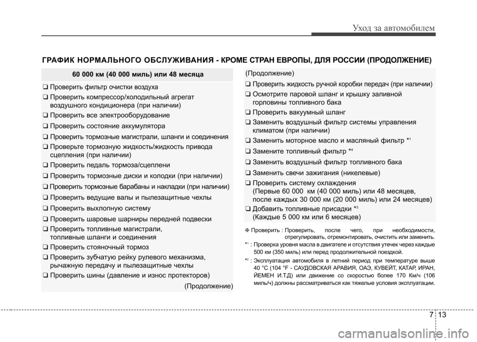 Hyundai Elantra 2013  Инструкция по эксплуатации (in Russian) 713
Уход за автомобилем
60 000 км (40 000 миль) или 48 месяца
❑ Проверить фильтр очистки воздуха
❑ Проверить компресс