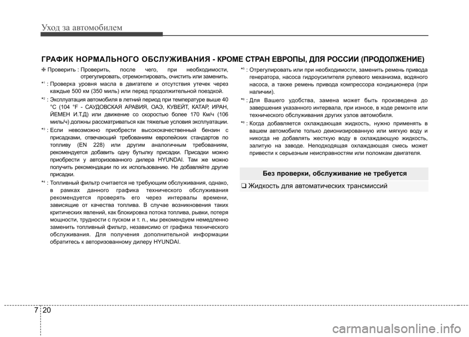 Hyundai Elantra 2013  Инструкция по эксплуатации (in Russian) Уход за автомобилем
20
7
Без проверки, обслуживание не тр ебуется
❑ Жидкость для автоматических трансмиссий
Г