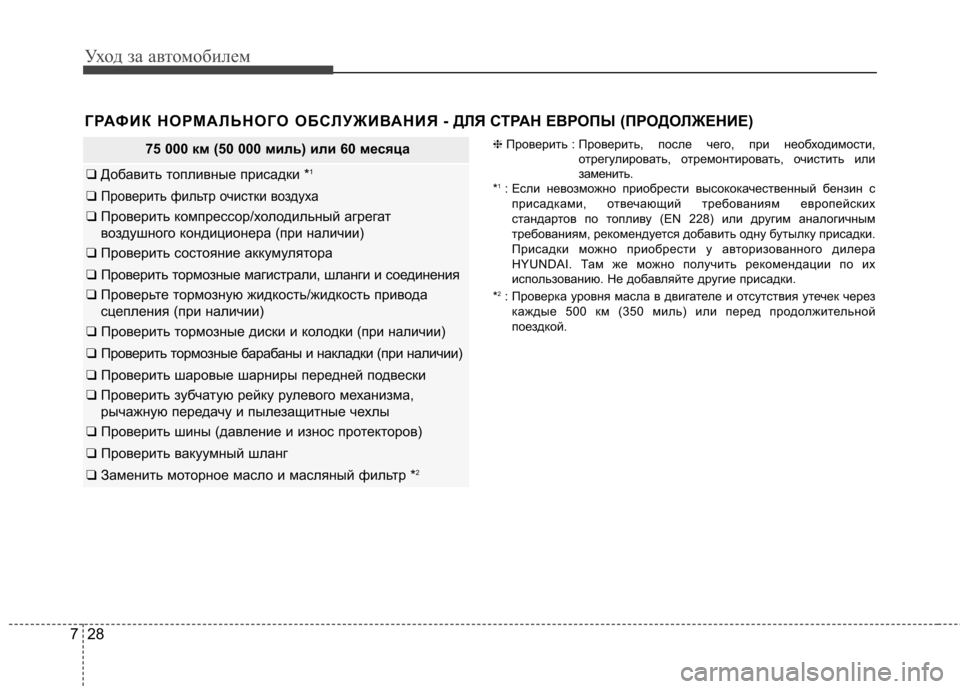 Hyundai Elantra 2013  Инструкция по эксплуатации (in Russian) Уход за автомобилем
28
7
ГРАФИК НОРМАЛЬНОГО ОБСЛУЖИВАНИЯ - ДЛЯ СТРАН ЕВР ОПЫ (ПРОДОЛЖЕНИЕ) 
75 000 км (50 000 миль) или 
