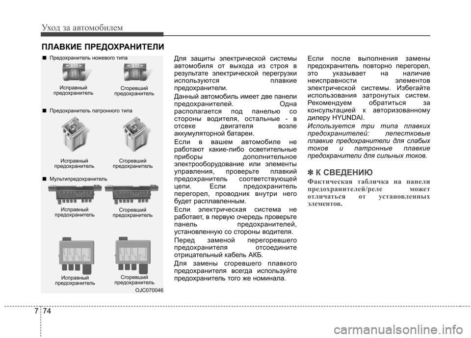 Hyundai Elantra 2013  Инструкция по эксплуатации (in Russian) Уход за автомобилем
74
7
ПЛАВКИЕ ПРЕДОХРАНИТЕЛИ
Для защиты электрической системы 
автомобиля от выхода из стр