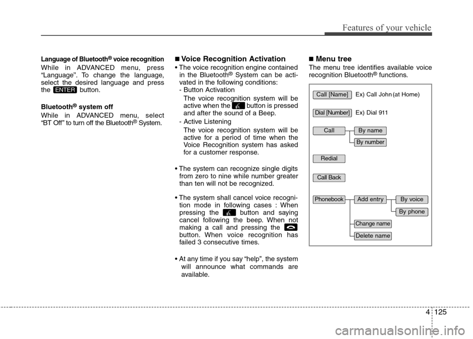 Hyundai Elantra 2012  Owners Manual 4125
Features of your vehicle
Language of Bluetooth®voice recognition
While in ADVANCED menu, press
“Language”. To change the language,
select the desired language and press
the button.
Bluetooth