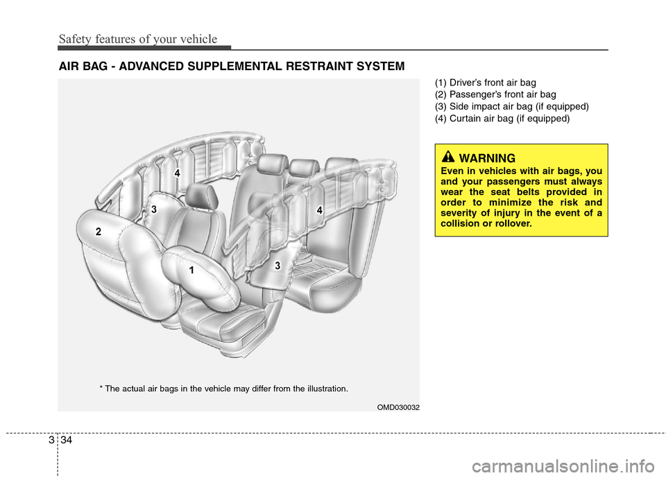 Hyundai Elantra 2012 Workshop Manual Safety features of your vehicle
34 3
(1) Driver’s front air bag
(2) Passenger’s front air bag
(3) Side impact air bag (if equipped)
(4) Curtain air bag (if equipped)
AIR BAG - ADVANCED SUPPLEMENTA Hyundai Elantra 2012 Workshop Manual Safety features of your vehicle
34 3
(1) Driver’s front air bag
(2) Passenger’s front air bag
(3) Side impact air bag (if equipped)
(4) Curtain air bag (if equipped)
AIR BAG - ADVANCED SUPPLEMENTA