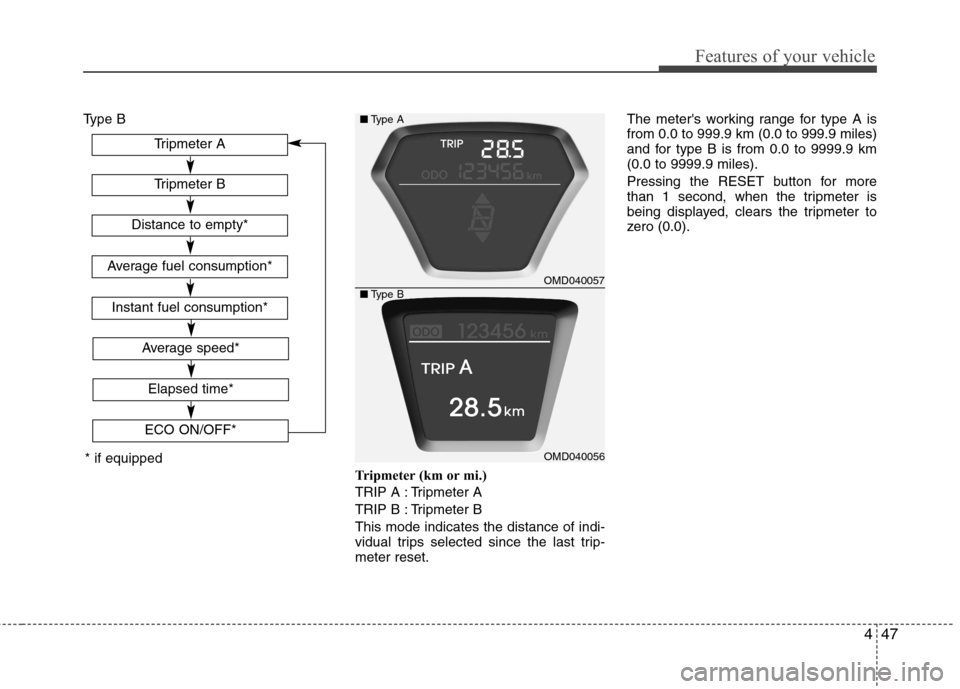 Hyundai Elantra 2012  Owners Manual - RHD (UK. Australia) 447
Features of your vehicle
Type BTripmeter (km or mi.) 
TRIP A : Tripmeter A
TRIP B : Tripmeter BThis mode indicates the distance of indi- 
vidual trips selected since the last trip-meter reset.The 