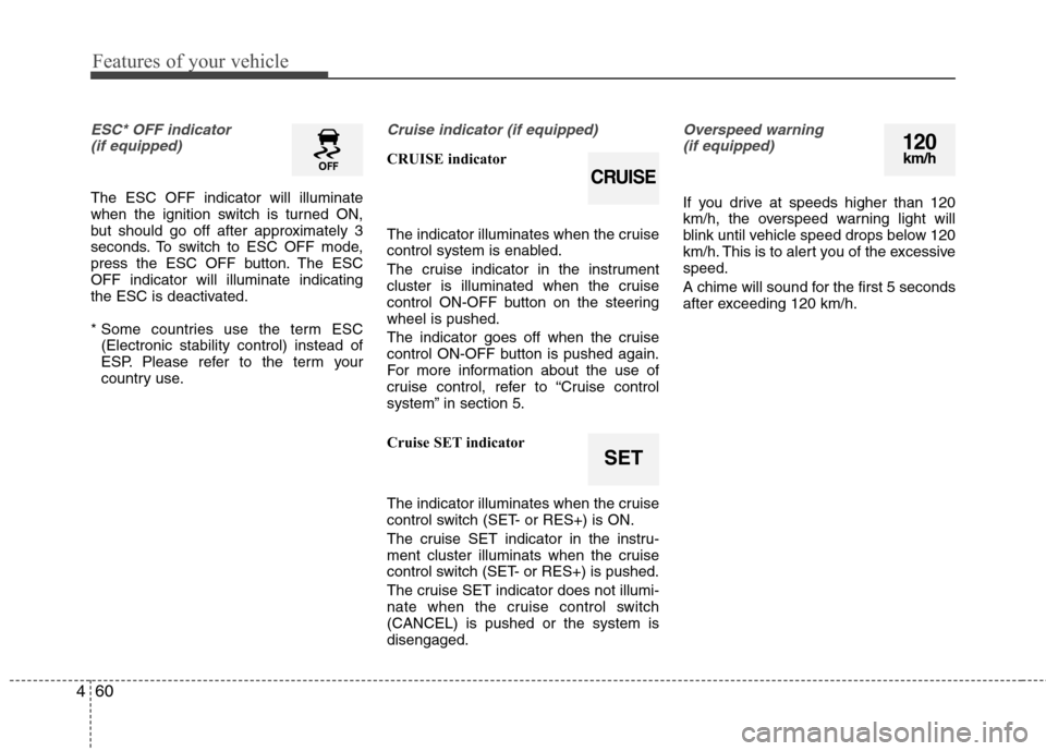 Hyundai Elantra 2012  Owners Manual - RHD (UK. Australia) Features of your vehicle
60
4
ESC* OFF indicator 
(if equipped)
The ESC OFF indicator will illuminate 
when the ignition switch is turned ON,
but should go off after approximately 3
seconds. To switch