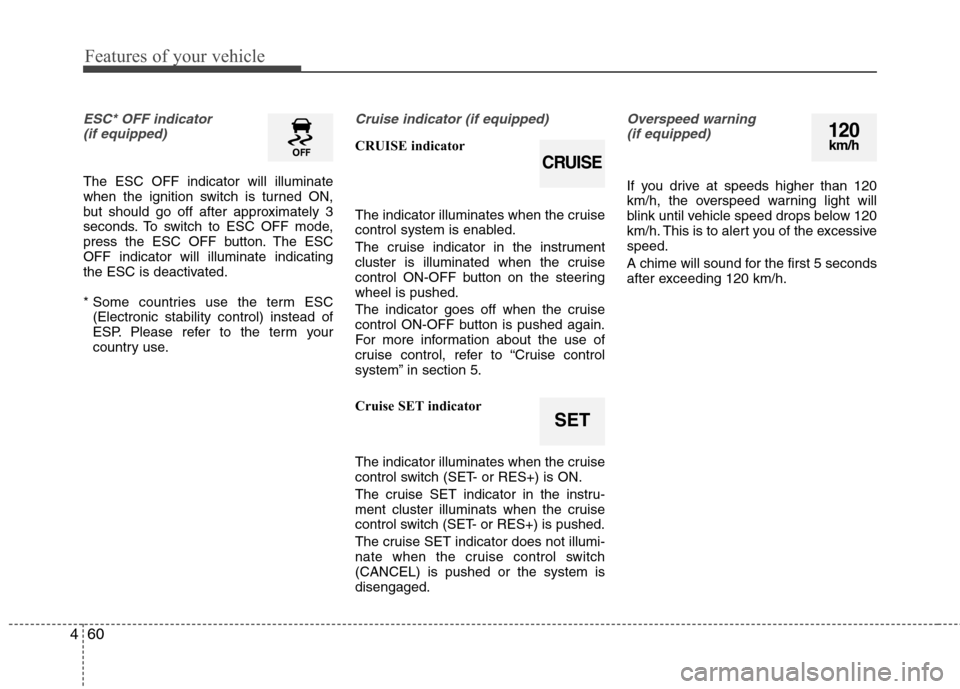 Hyundai Elantra 2012   - RHD (UK. Australia) User Guide Features of your vehicle
60
4
ESC* OFF indicator 
(if equipped)
The ESC OFF indicator will illuminate 
when the ignition switch is turned ON,
but should go off after approximately 3
seconds. To switch