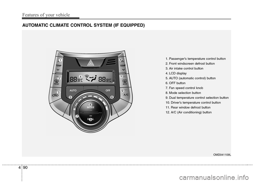 Hyundai Elantra 2012  Owners Manual - RHD (UK. Australia) Features of your vehicle
90
4
AUTOMATIC CLIMATE CONTROL SYSTEM (IF EQUIPPED)
1. Passenger’s temperature control button 
2. Front windscreen defrost button
3. Air intake control button
4. LCD display