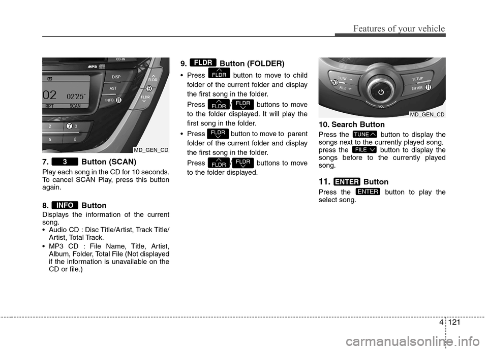 Hyundai Elantra 2012  Owners Manual - RHD (UK. Australia) 4121
Features of your vehicle
7. Button (SCAN) 
Play each song in the CD for 10 seconds. 
To cancel SCAN Play, press this buttonagain. 
8. Button 
Displays the information of the current song.
 Audio 