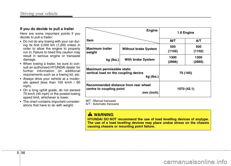 Hyundai Elantra 2012 Owners Manual - RHD (UK. Australia) Driving your vehicle
56
5
If you do decide to pull a trailer
Here are some important points if you
decide to pull a trailer:
Do not do any towing with your car dur-
ing its first 2,000 km (1,200 m Hyundai Elantra 2012 Owners Manual - RHD (UK. Australia) Driving your vehicle
56
5
If you do decide to pull a trailer
Here are some important points if you
decide to pull a trailer:
Do not do any towing with your car dur-
ing its first 2,000 km (1,200 m