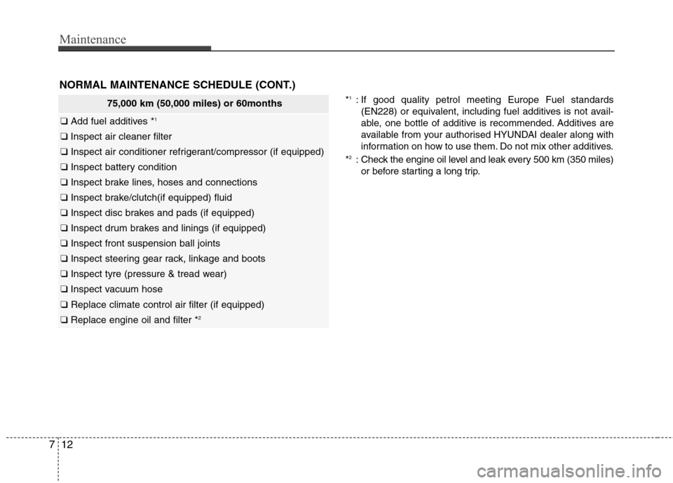 Hyundai Elantra 2012  Owners Manual - RHD (UK. Australia) Maintenance
12
7
75,000 km (50,000 miles) or 60months
❑  Add fuel additives * 1
❑ 
Inspect air cleaner filter 
❑  Inspect air conditioner refrigerant/compressor (if equipped)
❑ Inspect battery