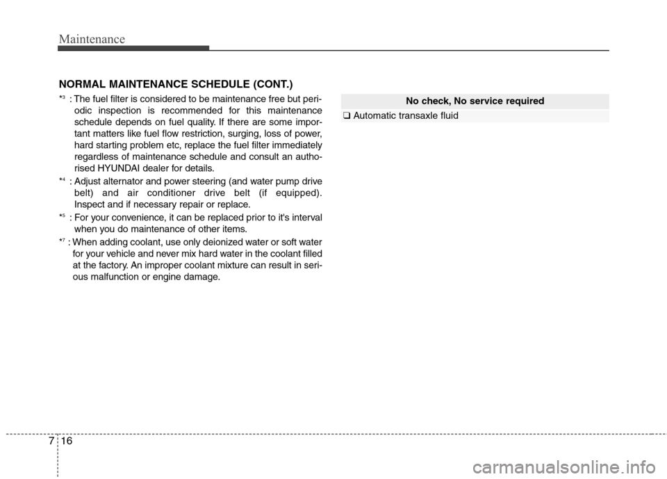 Hyundai Elantra 2012  Owners Manual - RHD (UK. Australia) Maintenance
16
7
No check, No service required
❑ Automatic transaxle fluid
*3
: The fuel filter is considered to be maintenance free but peri-
odic inspection is recommended for this maintenance 
sc