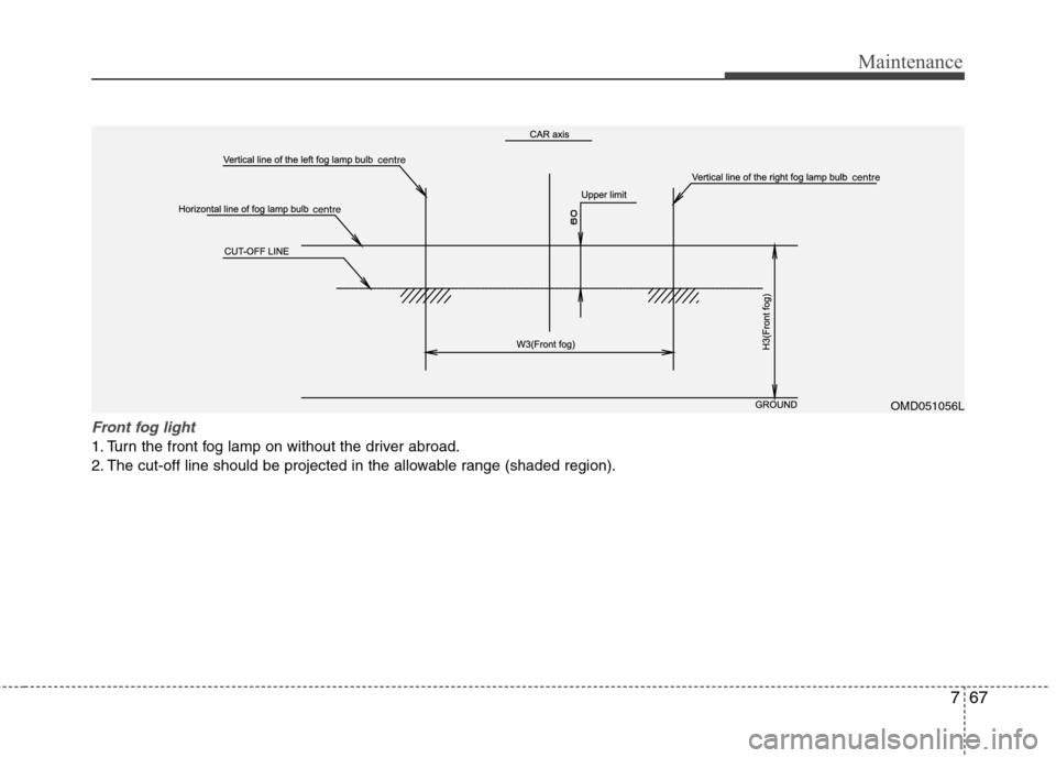 Hyundai Elantra 2012  Owners Manual - RHD (UK. Australia) 767
Maintenance
Front fog light 
1. Turn the front fog lamp on without the driver abroad. 
2. The cut-off line should be projected in the allowable range (shaded region).
OMD051056L
centre
centre
cent