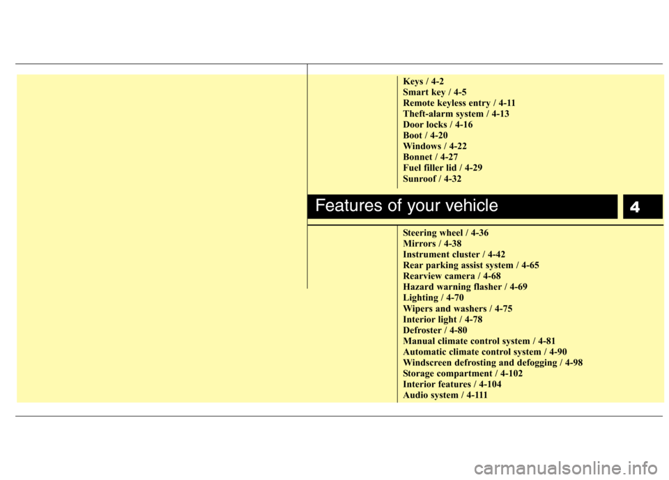 Hyundai Elantra 2012  Owners Manual - RHD (UK. Australia) 4
Keys / 4-2 
Smart key / 4-5
Remote keyless entry / 4-11
Theft-alarm system / 4-13
Door locks / 4-16
Boot / 4-20
Windows / 4-22
Bonnet / 4-27
Fuel filler lid / 4-29
Sunroof / 4-32 
Steering wheel / 4