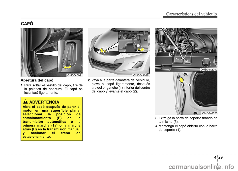 Hyundai Elantra 2012  Manual del propietario (in Spanish) 429
Características del vehículo
Apertura del capó 
1. Para soltar el pestillo del capó, tire dela palanca de apertura. El capó se 
levantará ligeramente. 2. Vaya a la parte delantera del vehíc