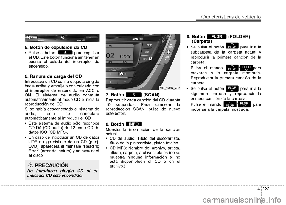 Hyundai Elantra 2012 Manual del propietario (in Spanish) 4131
Características de vehículo
5. Botón de expulsión de CD
Pulse el botón para expulsarel CD. Este botón funciona sin tener en
cuenta el estado del interruptor de
encendido.
6. Ranura de Hyundai Elantra 2012 Manual del propietario (in Spanish) 4131
Características de vehículo
5. Botón de expulsión de CD
Pulse el botón para expulsarel CD. Este botón funciona sin tener en
cuenta el estado del interruptor de
encendido.
6. Ranura de