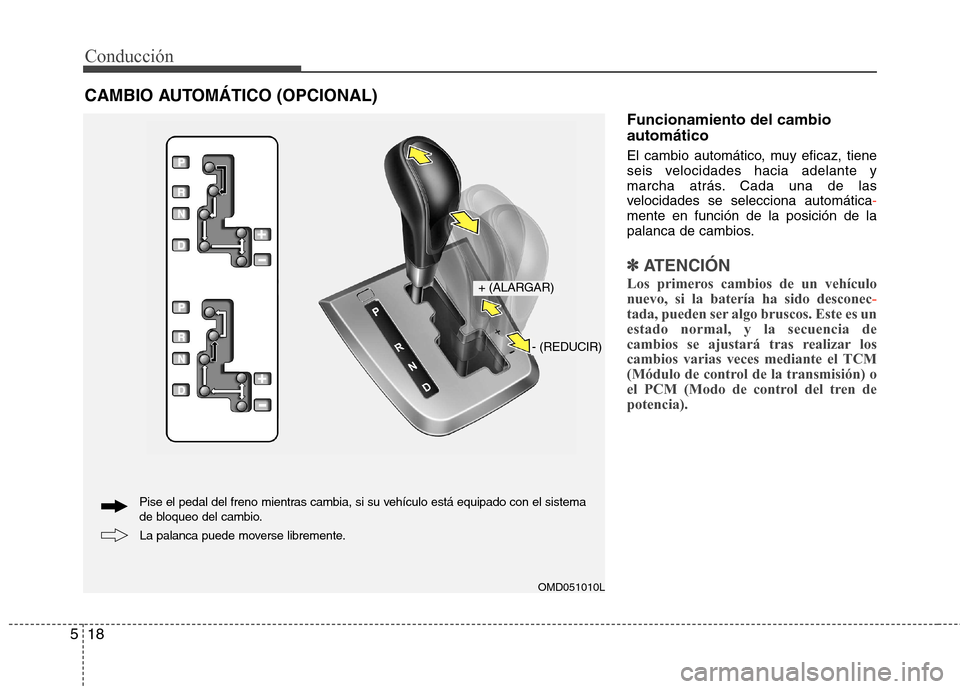Hyundai Elantra 2012  Manual del propietario (in Spanish) Conducción
18
5
Funcionamiento del cambio automático 
El cambio automático, muy eficaz, tiene 
seis velocidades hacia adelante y
marcha atrás. Cada una de las
velocidades se selecciona automática