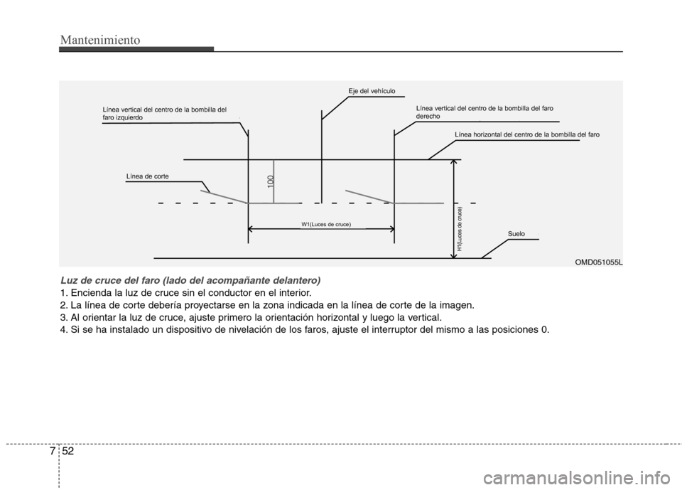 Hyundai Elantra 2012 Manual del propietario (in Spanish) Mantenimiento
52
7
OMD051055L
Luz de cruce del faro (lado del acompañante delantero)
1. Encienda la luz de cruce sin el conductor en el interior.
2. La línea de corte debería proyectarse en la zon Hyundai Elantra 2012 Manual del propietario (in Spanish) Mantenimiento
52
7
OMD051055L
Luz de cruce del faro (lado del acompañante delantero)
1. Encienda la luz de cruce sin el conductor en el interior.
2. La línea de corte debería proyectarse en la zon