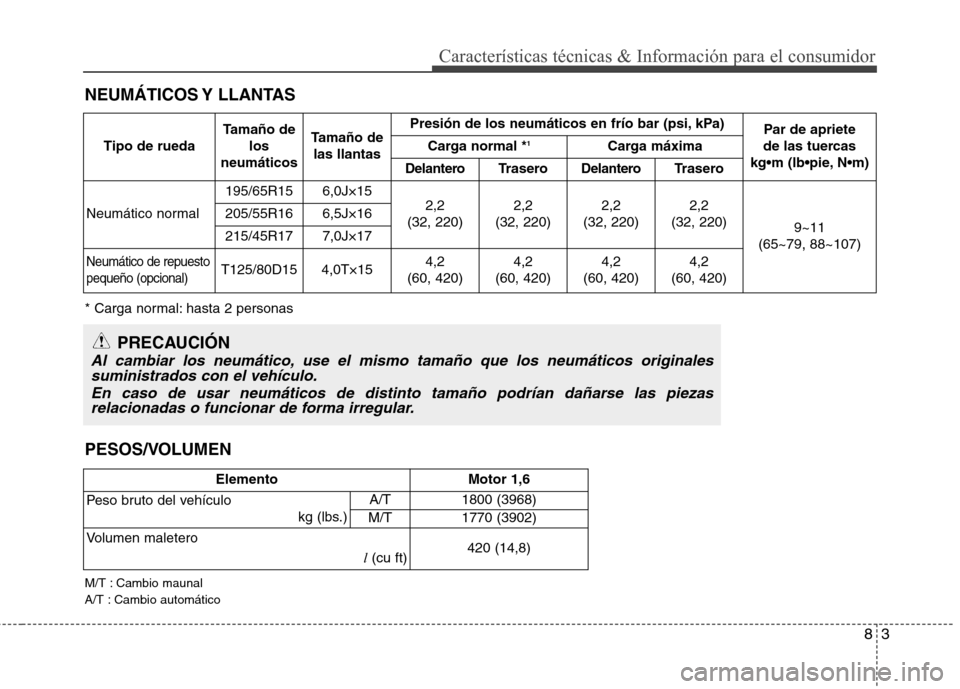 Hyundai Elantra 2012 Manual del propietario (in Spanish) 83
Características técnicas & Información para el consumidor
NEUMÁTICOS Y LLANTAS
* Carga normal: hasta 2 personas
PRECAUCIÓN
Al cambiar los neumático, use el mismo tamaño que los neumáticos Hyundai Elantra 2012 Manual del propietario (in Spanish) 83
Características técnicas & Información para el consumidor
NEUMÁTICOS Y LLANTAS
* Carga normal: hasta 2 personas
PRECAUCIÓN
Al cambiar los neumático, use el mismo tamaño que los neumáticos
