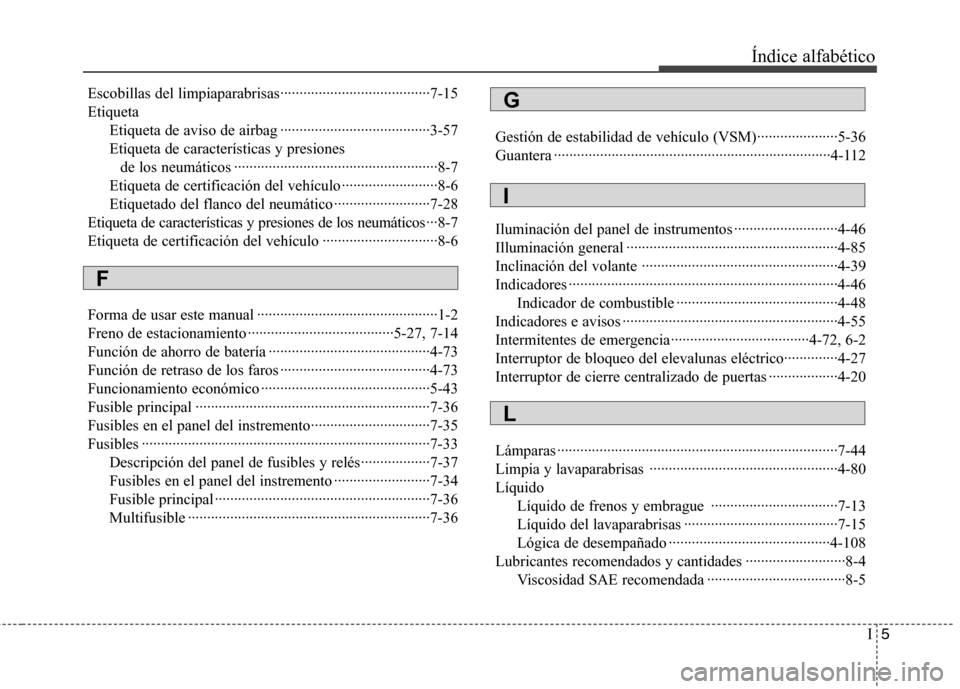 Hyundai Elantra 2012  Manual del propietario (in Spanish) I5
Índice alfabético
Escobillas del limpiaparabrisas·······································7-15 Etiqueta
Etiqueta de aviso de airbag ·············