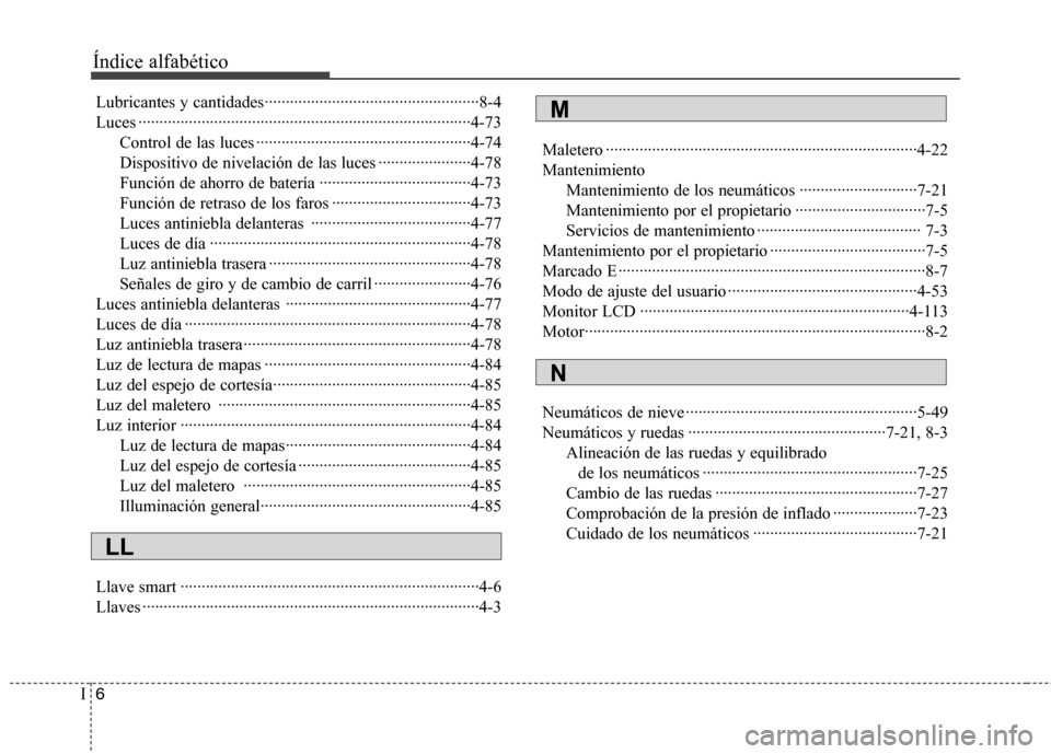 Hyundai Elantra 2012  Manual del propietario (in Spanish) Índice alfabético
6
I
Lubricantes y cantidades···················································8-4 
Luces ···················
