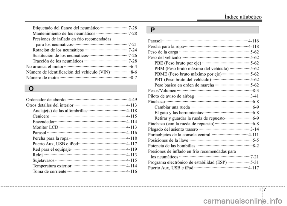 Hyundai Elantra 2012  Manual del propietario (in Spanish) I7
Índice alfabético
Etiquetado del flanco del neumático ·························7-28 
Mantenimiento de los neumáticos ·························