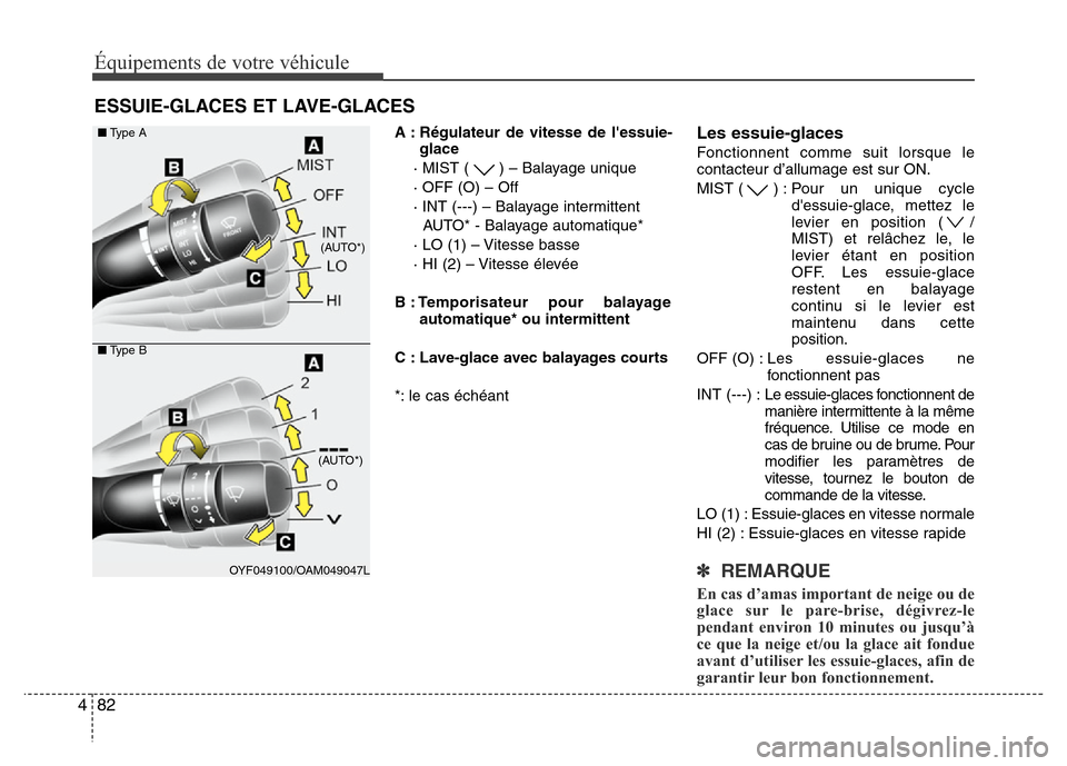 Hyundai Elantra 2012 Manuel du propriétaire (in French) Équipements de votre véhicule
82 4
A : Régulateur de vitesse de lessuie-
glace
· MIST ( ) – Balayage unique
· OFF (O) – Off
· INT (---) – Balayage intermittent
AUTO* - Balayage automatiq Hyundai Elantra 2012 Manuel du propriétaire (in French) Équipements de votre véhicule
82 4
A : Régulateur de vitesse de lessuie-
glace
· MIST ( ) – Balayage unique
· OFF (O) – Off
· INT (---) – Balayage intermittent
AUTO* - Balayage automatiq