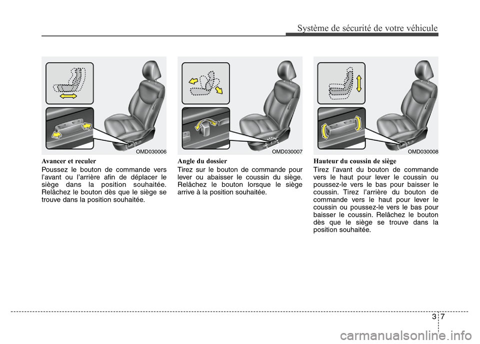 Hyundai Elantra 2012 Manuel du propriétaire (in French) 37
Système de sécurité de votre véhicule
Avancer et reculer
Poussez le bouton de commande vers
l’avant ou l’arrière afin de déplacer le
siège dans la position souhaitée.
Relâchez le bout Hyundai Elantra 2012 Manuel du propriétaire (in French) 37
Système de sécurité de votre véhicule
Avancer et reculer
Poussez le bouton de commande vers
l’avant ou l’arrière afin de déplacer le
siège dans la position souhaitée.
Relâchez le bout