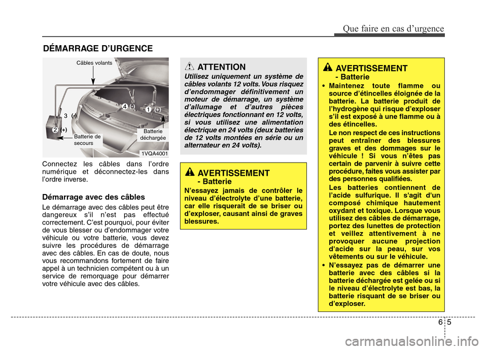 Hyundai Elantra 2012  Manuel du propriétaire (in French) 65
Que faire en cas d’urgence
DÉMARRAGE D’URGENCE
Connectez les câbles dans l’ordre
numérique et déconnectez-les dans
l’ordre inverse.
Démarrage avec des câbles
Le démarrage avec des c